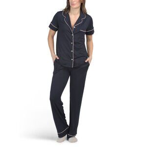 89TH & MADISON Navy 2pc Short Sleeve Notch Collar Pajama Set With Contrast Trim